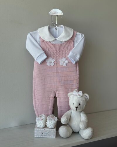 Jardineira Flor Rosa Pupurri + Body + Sapatinho