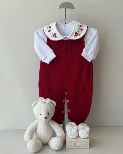 Jardineira Pipoca Vermelha +Body + Sapatinho + Faixa