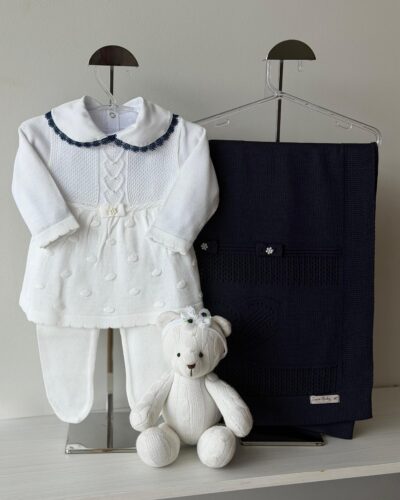 Saída Maternidade Vestido Pelotas Branco + marinho