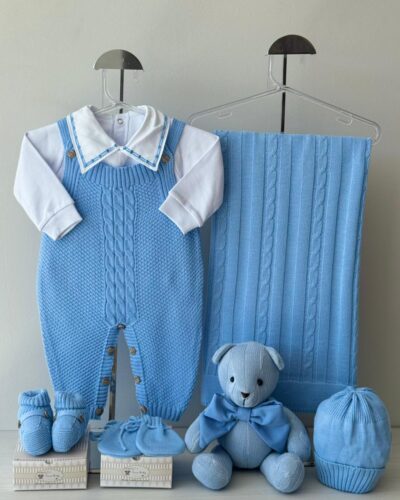 Saída Maternidade Jardineira Pipoca Azul Lavanda 6 pçs