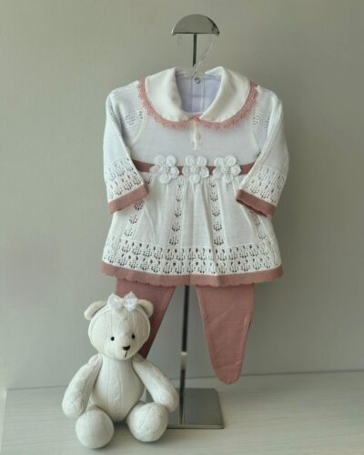 Vestido Rendado Branco e Rose + Calça + body