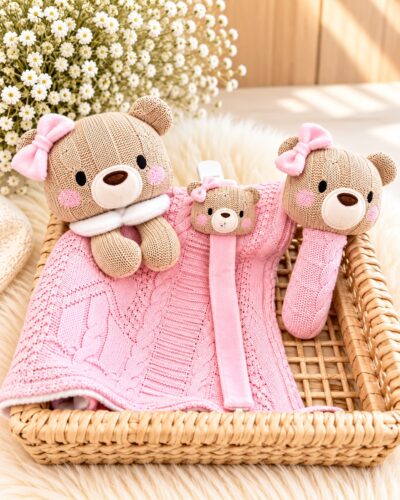 Kit Naninha Tricô Rosa Bebê 3 peças - Sob encomenda